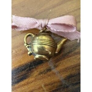 Vintage Brass Color Teapot Pink Bow Brooch Pin Grannycore